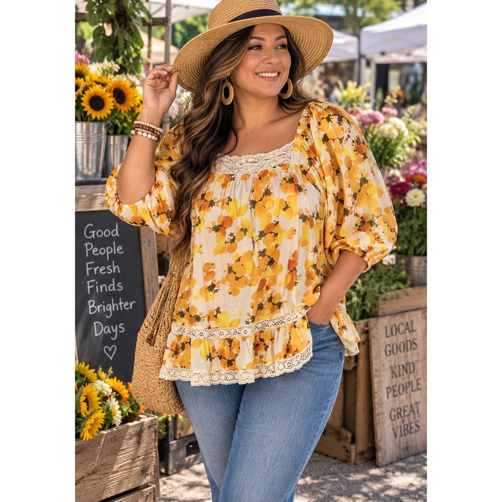 Artelier Nicole Miller Floral Puff Sleeve Lace Trim Peasant Blouse Yellow XL